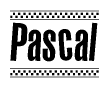 The image is a black and white clipart of the text Pascal in a bold, italicized font. The text is bordered by a dotted line on the top and bottom, and there are checkered flags positioned at both ends of the text, usually associated with racing or finishing lines.