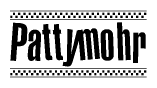 The image is a black and white clipart of the text Pattymohr in a bold, italicized font. The text is bordered by a dotted line on the top and bottom, and there are checkered flags positioned at both ends of the text, usually associated with racing or finishing lines.