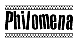 The image contains the text Philomena in a bold, stylized font, with a checkered flag pattern bordering the top and bottom of the text.