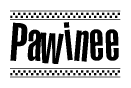 The image is a black and white clipart of the text Pawinee in a bold, italicized font. The text is bordered by a dotted line on the top and bottom, and there are checkered flags positioned at both ends of the text, usually associated with racing or finishing lines.