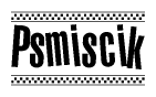 The image contains the text Psmiscik in a bold, stylized font, with a checkered flag pattern bordering the top and bottom of the text.