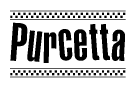 The clipart image displays the text Purcetta in a bold, stylized font. It is enclosed in a rectangular border with a checkerboard pattern running below and above the text, similar to a finish line in racing. 