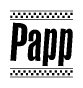 The clipart image displays the text Papp in a bold, stylized font. It is enclosed in a rectangular border with a checkerboard pattern running below and above the text, similar to a finish line in racing. 