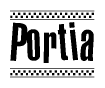 The image is a black and white clipart of the text Portia in a bold, italicized font. The text is bordered by a dotted line on the top and bottom, and there are checkered flags positioned at both ends of the text, usually associated with racing or finishing lines.