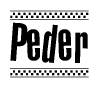 The clipart image displays the text Peder in a bold, stylized font. It is enclosed in a rectangular border with a checkerboard pattern running below and above the text, similar to a finish line in racing. 