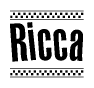 The image is a black and white clipart of the text Ricca in a bold, italicized font. The text is bordered by a dotted line on the top and bottom, and there are checkered flags positioned at both ends of the text, usually associated with racing or finishing lines.