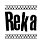 The image is a black and white clipart of the text Reka in a bold, italicized font. The text is bordered by a dotted line on the top and bottom, and there are checkered flags positioned at both ends of the text, usually associated with racing or finishing lines.