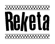 The clipart image displays the text Reketa in a bold, stylized font. It is enclosed in a rectangular border with a checkerboard pattern running below and above the text, similar to a finish line in racing. 