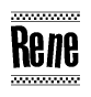 The image is a black and white clipart of the text Rene in a bold, italicized font. The text is bordered by a dotted line on the top and bottom, and there are checkered flags positioned at both ends of the text, usually associated with racing or finishing lines.