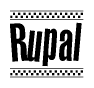 The clipart image displays the text Rupal in a bold, stylized font. It is enclosed in a rectangular border with a checkerboard pattern running below and above the text, similar to a finish line in racing. 