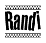 The clipart image displays the text Randi in a bold, stylized font. It is enclosed in a rectangular border with a checkerboard pattern running below and above the text, similar to a finish line in racing. 