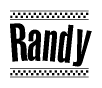 The clipart image displays the text Randy in a bold, stylized font. It is enclosed in a rectangular border with a checkerboard pattern running below and above the text, similar to a finish line in racing. 