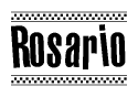 The image is a black and white clipart of the text Rosario in a bold, italicized font. The text is bordered by a dotted line on the top and bottom, and there are checkered flags positioned at both ends of the text, usually associated with racing or finishing lines.