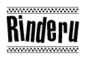 The image is a black and white clipart of the text Rinderu in a bold, italicized font. The text is bordered by a dotted line on the top and bottom, and there are checkered flags positioned at both ends of the text, usually associated with racing or finishing lines.