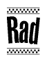 The image contains the text Rad in a bold, stylized font, with a checkered flag pattern bordering the top and bottom of the text.