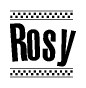 The clipart image displays the text Rosy in a bold, stylized font. It is enclosed in a rectangular border with a checkerboard pattern running below and above the text, similar to a finish line in racing. 