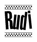 The image is a black and white clipart of the text Rudi in a bold, italicized font. The text is bordered by a dotted line on the top and bottom, and there are checkered flags positioned at both ends of the text, usually associated with racing or finishing lines.