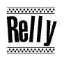 The image contains the text Relly in a bold, stylized font, with a checkered flag pattern bordering the top and bottom of the text.