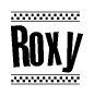The image contains the text Roxy in a bold, stylized font, with a checkered flag pattern bordering the top and bottom of the text.
