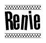 The image contains the text Renie in a bold, stylized font, with a checkered flag pattern bordering the top and bottom of the text.