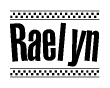 The clipart image displays the text Raelyn in a bold, stylized font. It is enclosed in a rectangular border with a checkerboard pattern running below and above the text, similar to a finish line in racing. 