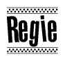 The image contains the text Regie in a bold, stylized font, with a checkered flag pattern bordering the top and bottom of the text.