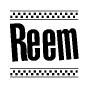 The image contains the text Reem in a bold, stylized font, with a checkered flag pattern bordering the top and bottom of the text.