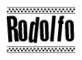 The image contains the text Rodolfo in a bold, stylized font, with a checkered flag pattern bordering the top and bottom of the text.