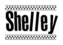 The clipart image displays the text Shelley in a bold, stylized font. It is enclosed in a rectangular border with a checkerboard pattern running below and above the text, similar to a finish line in racing. 