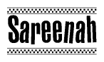 The image contains the text Sareenah in a bold, stylized font, with a checkered flag pattern bordering the top and bottom of the text.