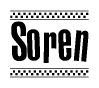 The clipart image displays the text Soren in a bold, stylized font. It is enclosed in a rectangular border with a checkerboard pattern running below and above the text, similar to a finish line in racing. 