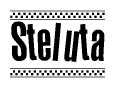 The image contains the text Steluta in a bold, stylized font, with a checkered flag pattern bordering the top and bottom of the text.