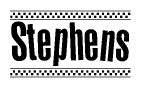 The image contains the text Stephens in a bold, stylized font, with a checkered flag pattern bordering the top and bottom of the text.