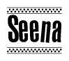 The image is a black and white clipart of the text Seena in a bold, italicized font. The text is bordered by a dotted line on the top and bottom, and there are checkered flags positioned at both ends of the text, usually associated with racing or finishing lines.