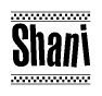 The clipart image displays the text Shani in a bold, stylized font. It is enclosed in a rectangular border with a checkerboard pattern running below and above the text, similar to a finish line in racing. 