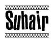 The image contains the text Suhair in a bold, stylized font, with a checkered flag pattern bordering the top and bottom of the text.
