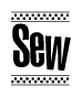 The image contains the text Sew in a bold, stylized font, with a checkered flag pattern bordering the top and bottom of the text.