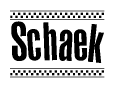 The image is a black and white clipart of the text Schaek in a bold, italicized font. The text is bordered by a dotted line on the top and bottom, and there are checkered flags positioned at both ends of the text, usually associated with racing or finishing lines.