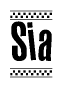 The image is a black and white clipart of the text Sia in a bold, italicized font. The text is bordered by a dotted line on the top and bottom, and there are checkered flags positioned at both ends of the text, usually associated with racing or finishing lines.