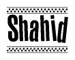 The image contains the text Shahid in a bold, stylized font, with a checkered flag pattern bordering the top and bottom of the text.