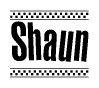 The image contains the text Shaun in a bold, stylized font, with a checkered flag pattern bordering the top and bottom of the text.