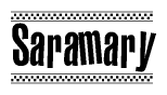 The image is a black and white clipart of the text Saramary in a bold, italicized font. The text is bordered by a dotted line on the top and bottom, and there are checkered flags positioned at both ends of the text, usually associated with racing or finishing lines.