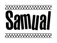 The image is a black and white clipart of the text Samual in a bold, italicized font. The text is bordered by a dotted line on the top and bottom, and there are checkered flags positioned at both ends of the text, usually associated with racing or finishing lines.