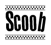 The clipart image displays the text Scoob in a bold, stylized font. It is enclosed in a rectangular border with a checkerboard pattern running below and above the text, similar to a finish line in racing. 