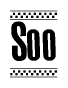 The clipart image displays the text Soo in a bold, stylized font. It is enclosed in a rectangular border with a checkerboard pattern running below and above the text, similar to a finish line in racing. 