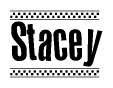 The image is a black and white clipart of the text Stacey in a bold, italicized font. The text is bordered by a dotted line on the top and bottom, and there are checkered flags positioned at both ends of the text, usually associated with racing or finishing lines.