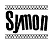 The image contains the text Symon in a bold, stylized font, with a checkered flag pattern bordering the top and bottom of the text.