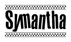 The image contains the text Symantha in a bold, stylized font, with a checkered flag pattern bordering the top and bottom of the text.
