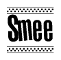 The clipart image displays the text Smee in a bold, stylized font. It is enclosed in a rectangular border with a checkerboard pattern running below and above the text, similar to a finish line in racing. 