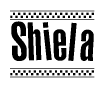 The image contains the text Shiela in a bold, stylized font, with a checkered flag pattern bordering the top and bottom of the text.